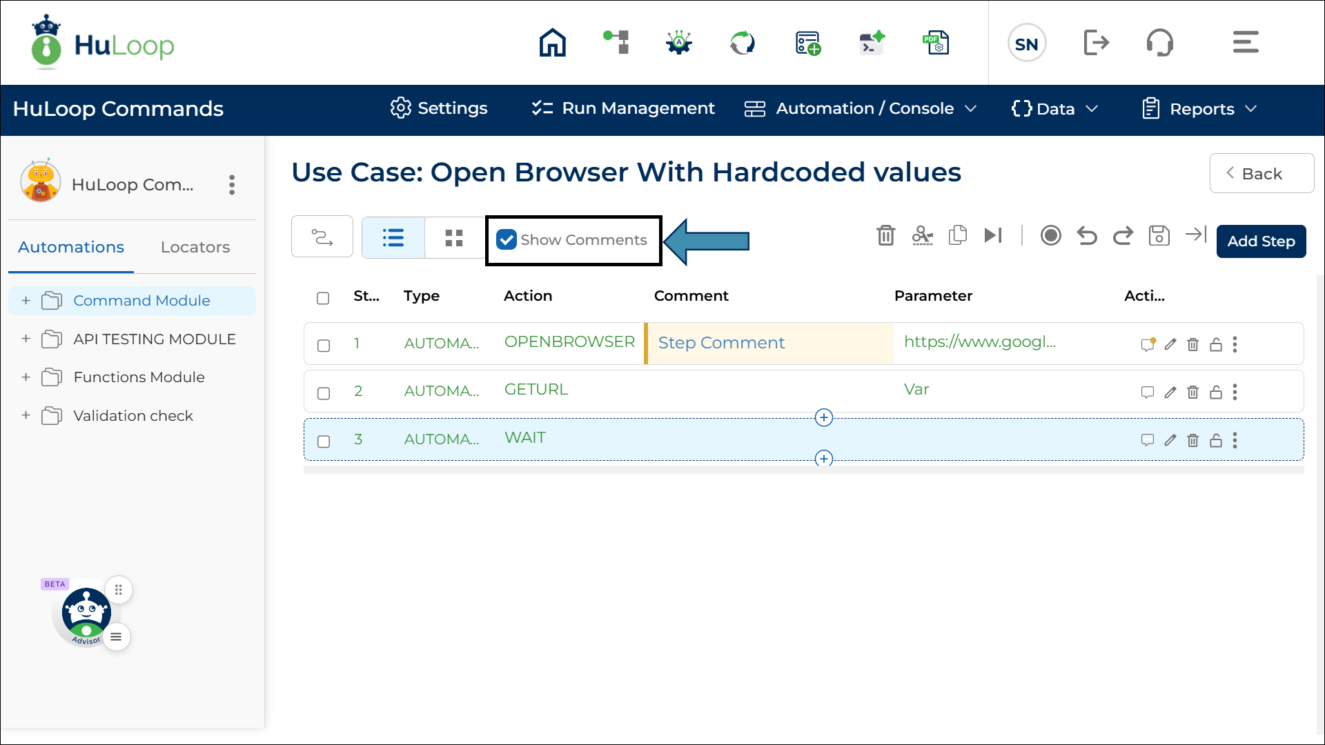 Show comment in-line with each step