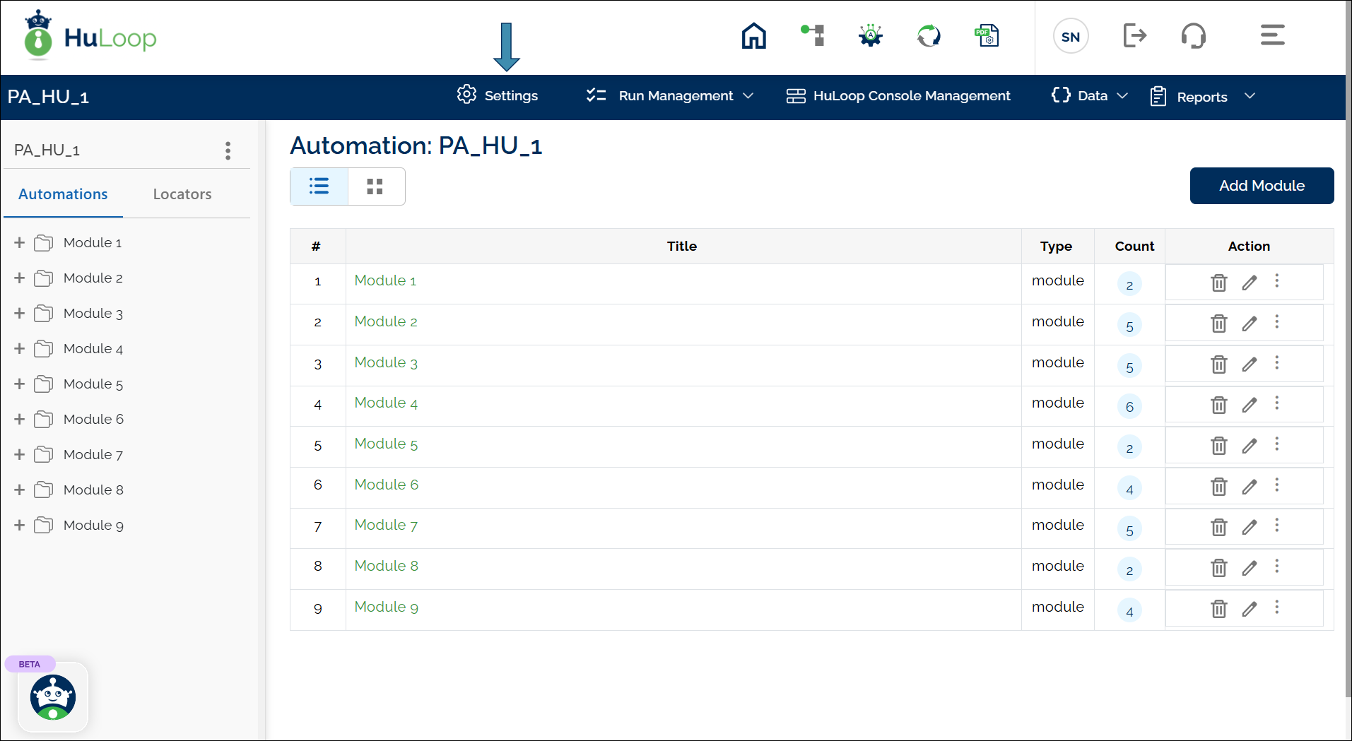 Open an Automation project and click Settings