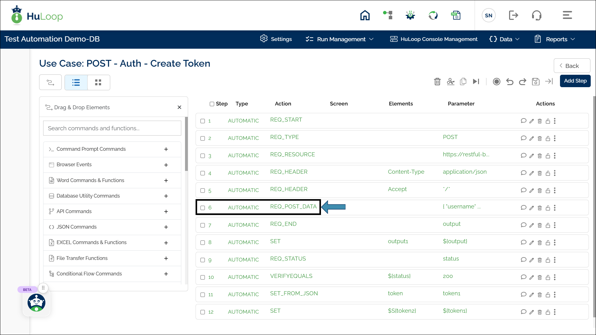 Workflow showing the Post Data To Api Request step in an API automation sequence