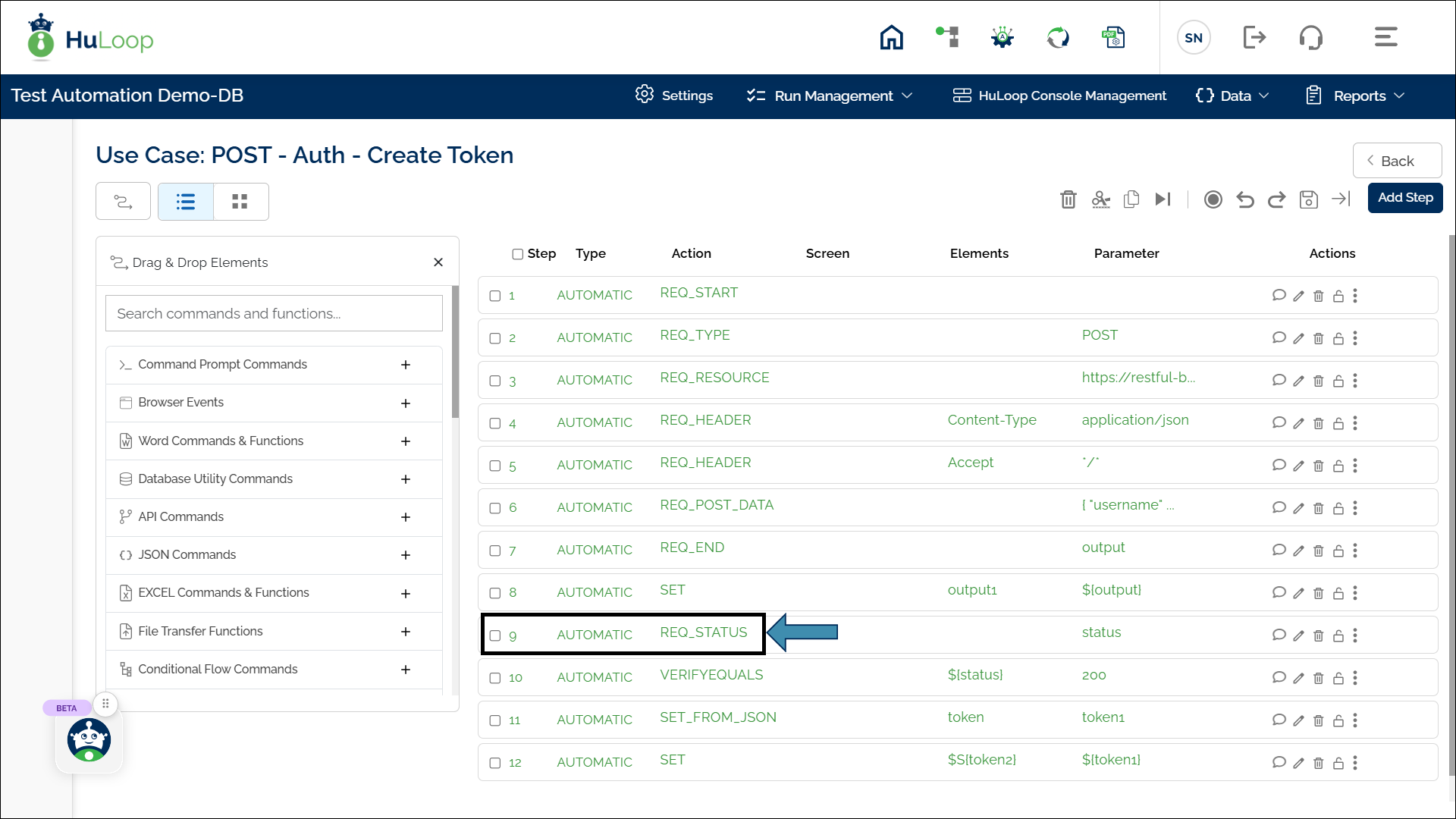 Workflow showing the Get Status Code Of Api Request step in an API automation sequence