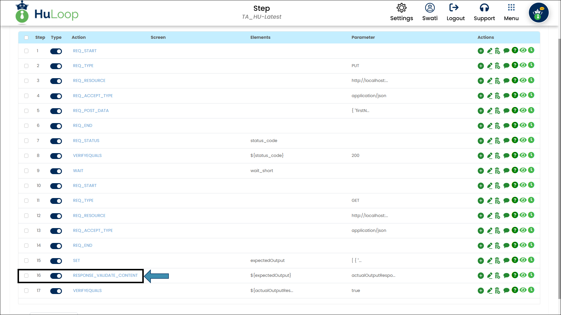 Workflow showing the Validate API Response Content step in an API automation sequence