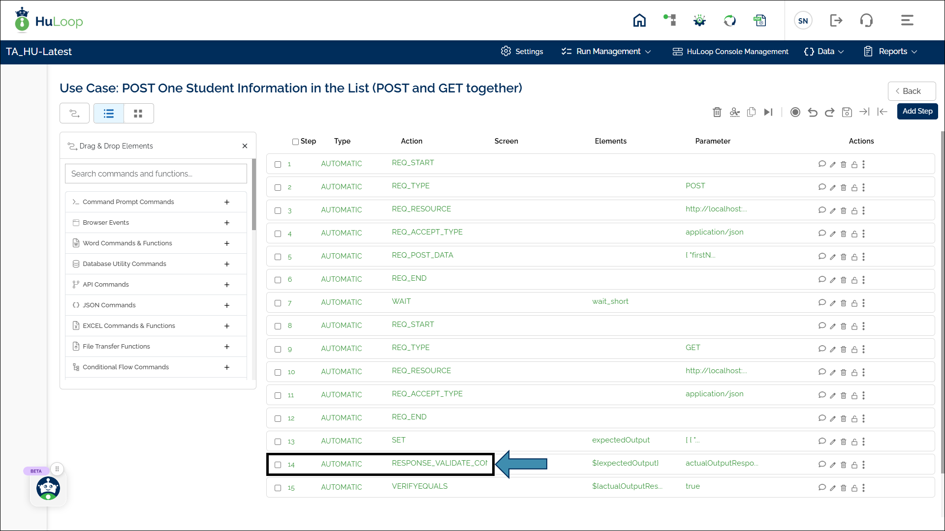 Workflow showing the Validate API Response Format step in an API automation sequence