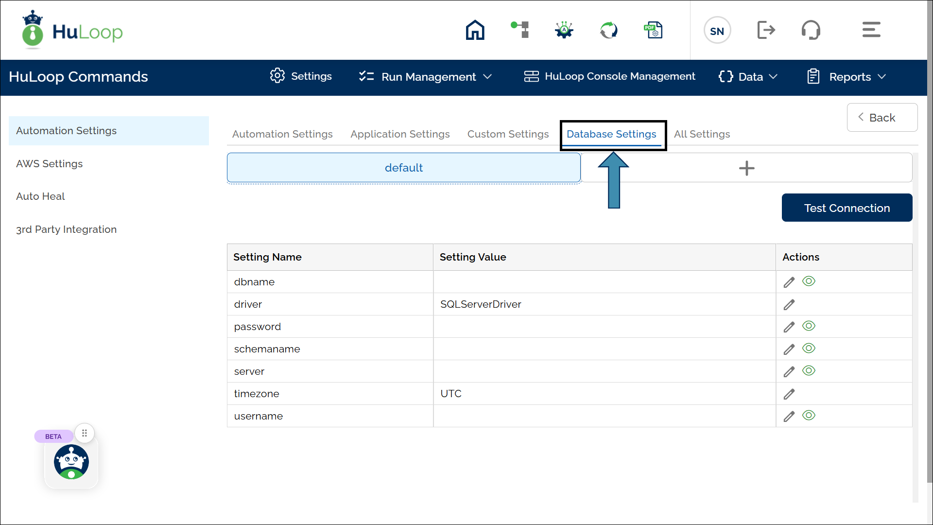 Database Settings Page