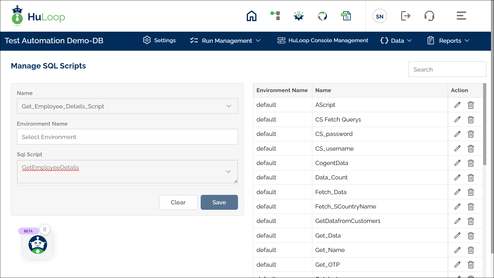 Manage SQL Scripts page