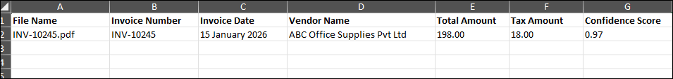 Sample output xlsx file generated after successful invoice extraction